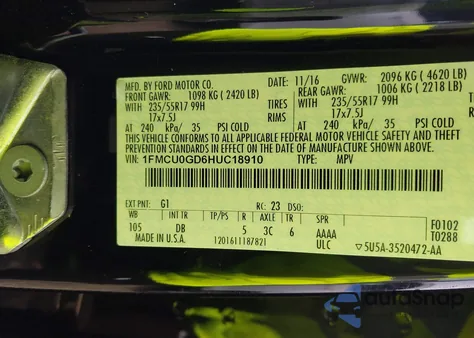 2017 Ford Escape Se из США, поврежденный, VIN 1FMCU0GD6HUC18910